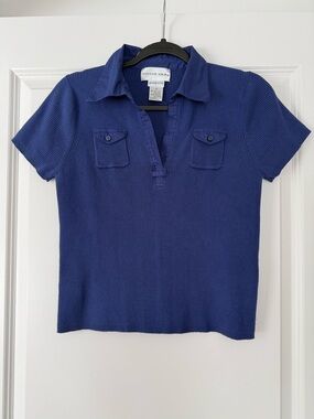 august silk Short-Sleeve Ribbed Polo Top in Navy